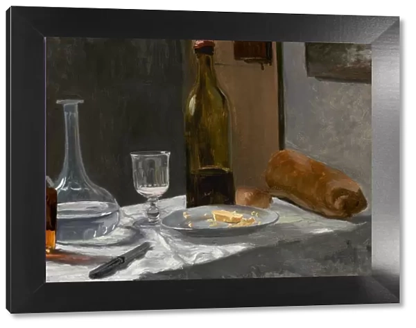 Still Life with Bottle, Carafe, Bread, and Wine, c. 1862  /  1863. Creator: Claude Monet
