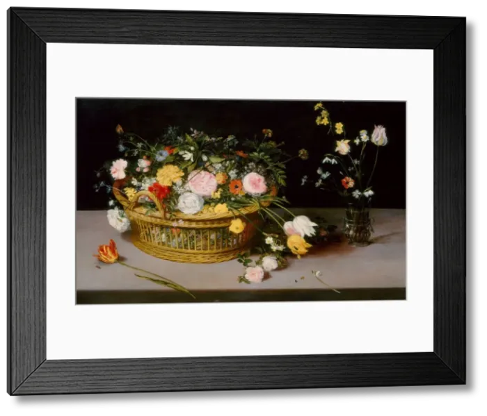 Framed Print : Flowers in a Basket and a Vase, 1615. Creator: Jan Brueghel the Elder Framed Print : Flowers in a Basket and a Vase, 1615. Creator: Jan Brueghel the Elder
