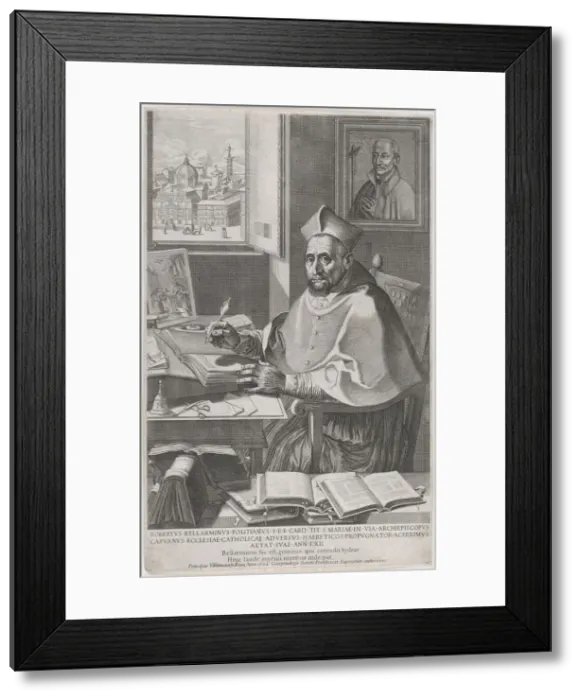 Framed Print : Cardinal Roberto Bellarmino at his desk, writing, 1604. Creator: Francesco Villamena Framed Print : Cardinal Roberto Bellarmino at his desk, writing, 1604. Creator: Francesco Villamena