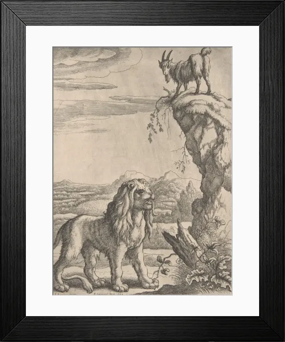 Framed Print : The Lyon and the Kid, from Ogilbys Aesopics, 1668. Creator: Richard Gaywood Framed Print : The Lyon and the Kid, from Ogilbys Aesopics, 1668. Creator: Richard Gaywood