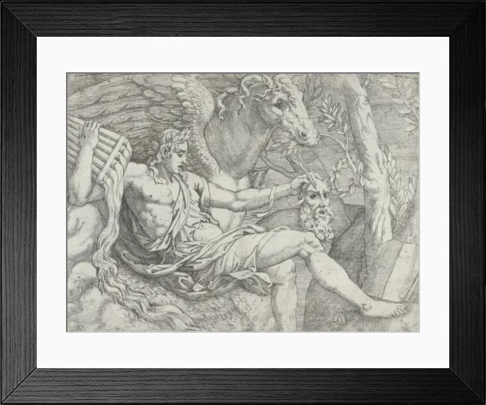 Framed Print : Apollo holding pipes in his right hand accompanied by Pegasus, 1556-60 Framed Print : Apollo holding pipes in his right hand accompanied by Pegasus, 1556-60