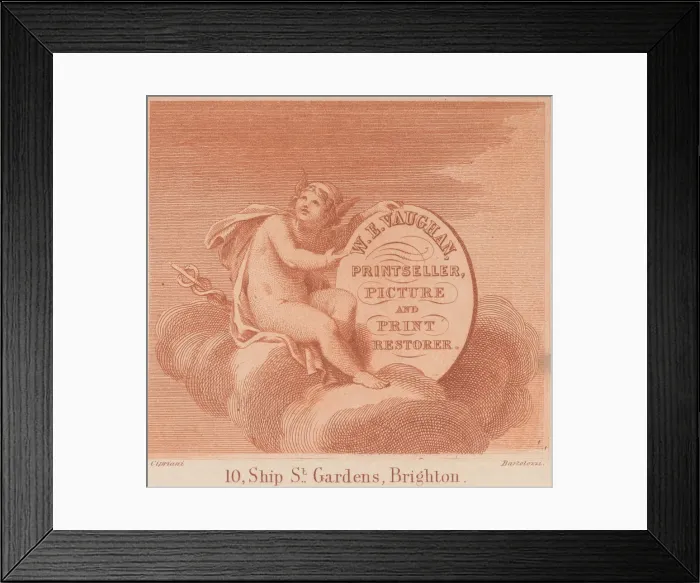 Framed Print : Trade Card for W. E. Vaughan, Printseller & Restorer, 18th century Framed Print : Trade Card for W. E. Vaughan, Printseller & Restorer, 18th century
