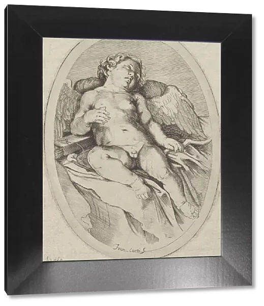 Cupid asleep, resting his right arm on his quiver and his left arm on his bow, an oval