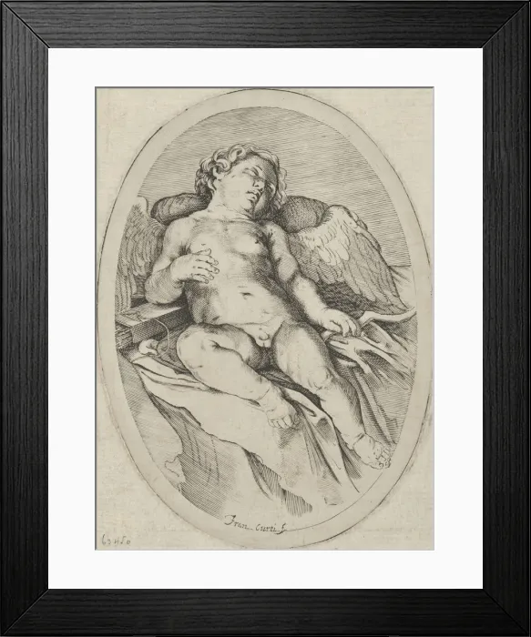 Framed Print : Cupid asleep, resting his right arm on his quiver and his left arm on his bow, an oval Framed Print : Cupid asleep, resting his right arm on his quiver and his left arm on his bow, an oval
