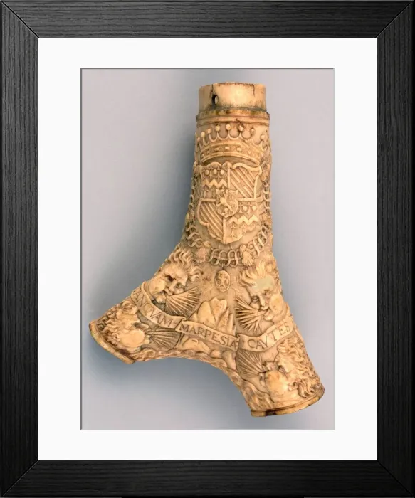 Framed Print : Powder Flask of Jacques de Silly (1513-1571), French, 1568. Creator: Unknown Framed Print : Powder Flask of Jacques de Silly (1513-1571), French, 1568. Creator: Unknown