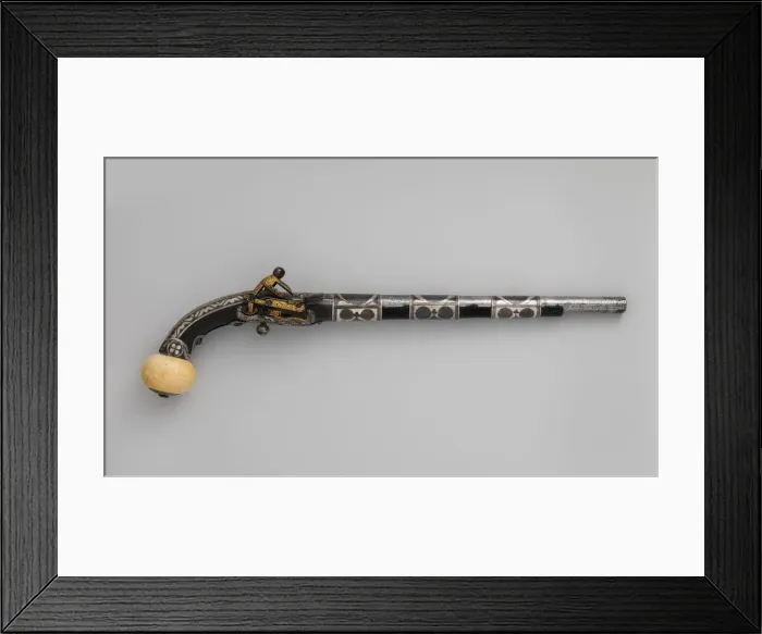 Framed Print : Miquelet Pistol, Caucasian, possibly Georgia or Circassia, dated A. H. 1263 / A. D. 1846-47 Framed Print : Miquelet Pistol, Caucasian, possibly Georgia or Circassia, dated A. H. 1263 / A. D. 1846-47