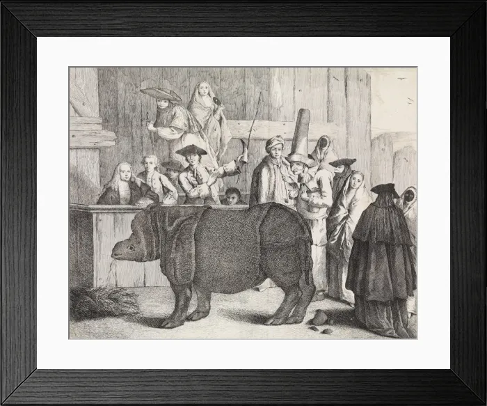 Framed Print : The Rhinoceros, Clara, in the foreground, her keeper holding her horn and a whip Framed Print : The Rhinoceros, Clara, in the foreground, her keeper holding her horn and a whip