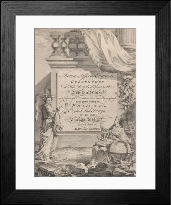 Framed Print : Trade Card for Thomas Jefferys, Engraver, Geographer, and Printseller, 18th century Framed Print : Trade Card for Thomas Jefferys, Engraver, Geographer, and Printseller, 18th century