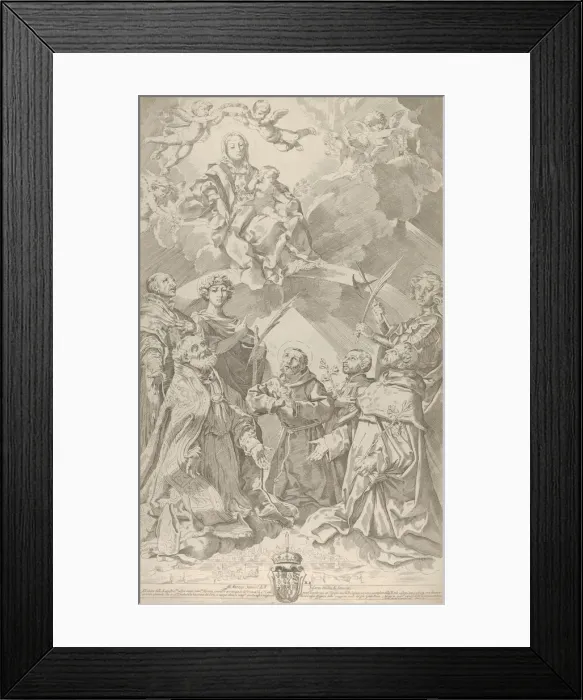 Framed Print : Patron saints of Bologna looking upwards at the Virgin who is seated in the clouds with Framed Print : Patron saints of Bologna looking upwards at the Virgin who is seated in the clouds with