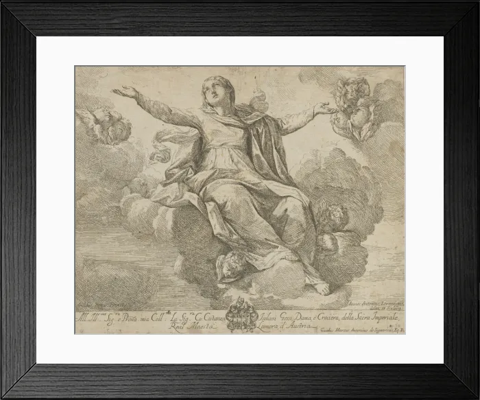 Framed Print : The Assumption of the Virgin, who is seated in the clouds with arms outstretched, ang Framed Print : The Assumption of the Virgin, who is seated in the clouds with arms outstretched, ang