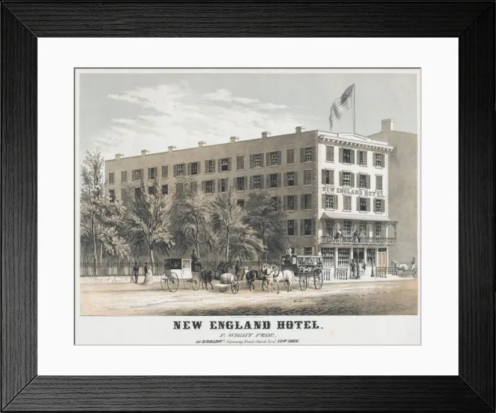 Framed Print : New England Hotel, Broadway, Adjoining Trinity Church Yard, New York, ca. 1848 Framed Print : New England Hotel, Broadway, Adjoining Trinity Church Yard, New York, ca. 1848