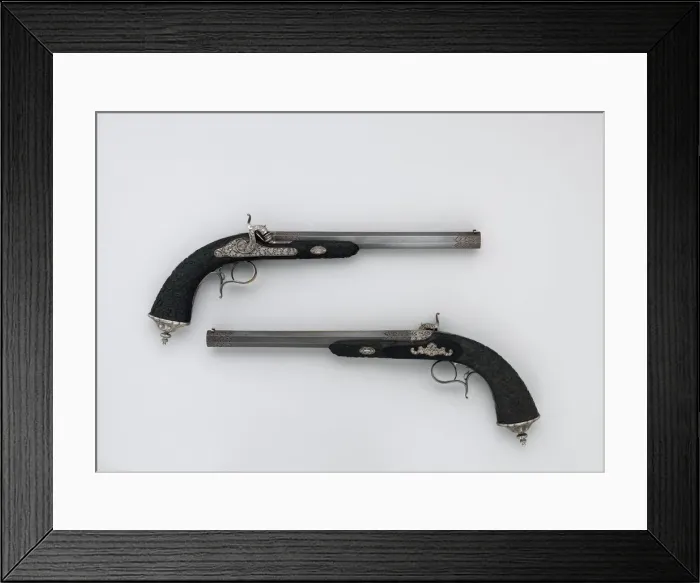 Framed Print : Cased Pair of Percussion Pistols with Accessories, French, Paris, dated 1856 Framed Print : Cased Pair of Percussion Pistols with Accessories, French, Paris, dated 1856