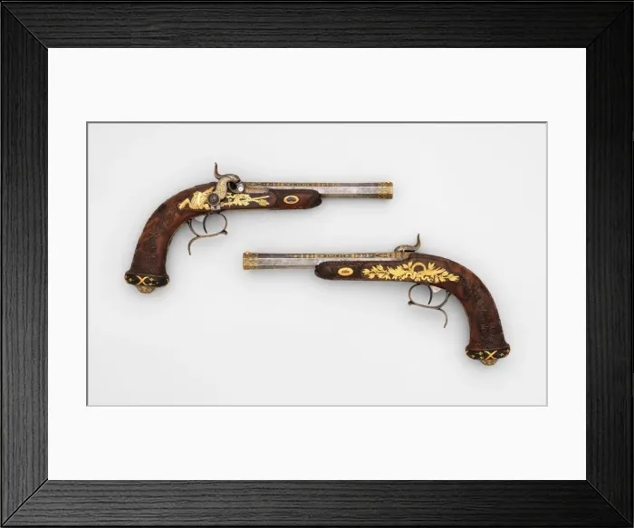 Framed Print : Cased Pair of Percussion Target Pistols with Loading and Cleaning Accessories, French Framed Print : Cased Pair of Percussion Target Pistols with Loading and Cleaning Accessories, French