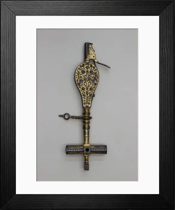 Framed Print : Wheellock Spanner with Priming Flask and Screwdriver, German, Munich, ca. 1610-30 Framed Print : Wheellock Spanner with Priming Flask and Screwdriver, German, Munich, ca. 1610-30