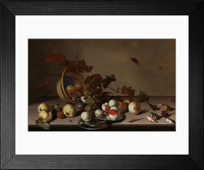 Framed Print : Fruit still life with wicker basket, mussels and butterfly, First Half of 17th cen Framed Print : Fruit still life with wicker basket, mussels and butterfly, First Half of 17th cen