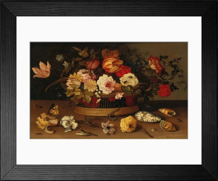 Framed Print : A wicker basket with flowers and shells on a stone-ledge Framed Print : A wicker basket with flowers and shells on a stone-ledge