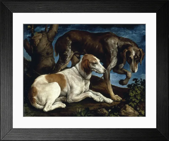 Framed Print : Two hunting dogs, 1548-1549. Creator: Bassano, Jacopo, il vecchio (ca. 1510-1592) Framed Print : Two hunting dogs, 1548-1549. Creator: Bassano, Jacopo, il vecchio (ca. 1510-1592)