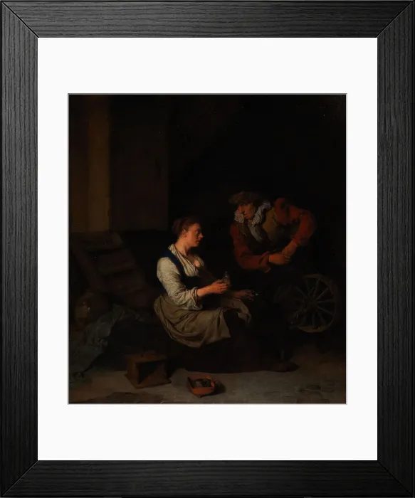 Framed Print : A Cavalier and a Woman at the Spinning Wheel, 1662. Creator: Bega, Cornelis Pietersz Framed Print : A Cavalier and a Woman at the Spinning Wheel, 1662. Creator: Bega, Cornelis Pietersz