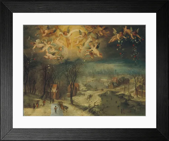 Framed Print : A winter landscape with villagers gathering wood and skaters on a frozen river Framed Print : A winter landscape with villagers gathering wood and skaters on a frozen river