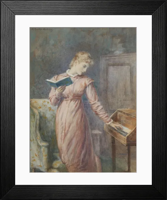 Framed Print : A lady reading while playing the spinet. Creator: Hughes, Arthur Foord (1856-1934)