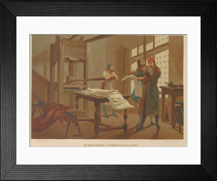 Framed Print : Gutenberg prints the first page of the Bible. From: La ciencia y sus hombres, 1879 Framed Print : Gutenberg prints the first page of the Bible. From: La ciencia y sus hombres, 1879