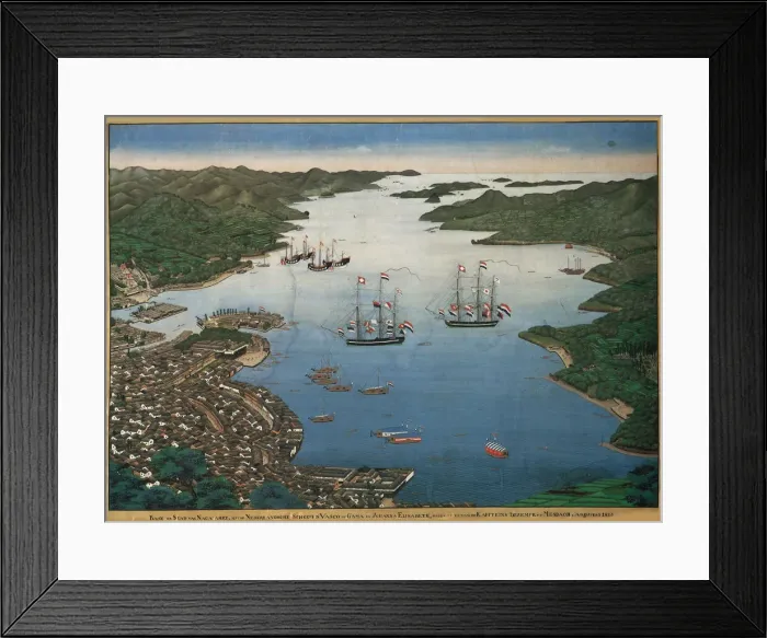 Framed Print : The island of Deshima in the bay of Nagasaki with the ships Vasco da Gama and Johanna Framed Print : The island of Deshima in the bay of Nagasaki with the ships Vasco da Gama and Johanna