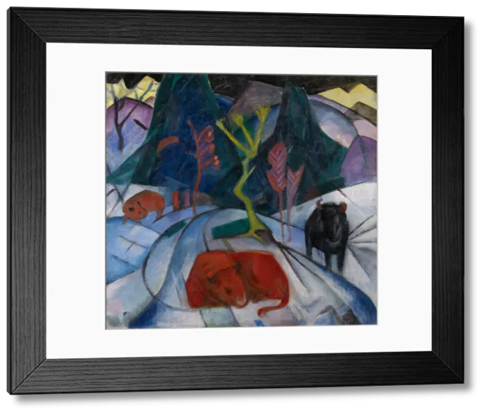 Framed Print : A Bison in Winter (The Red Bison), 1913. Creator: Marc, Franz (1880-1916)