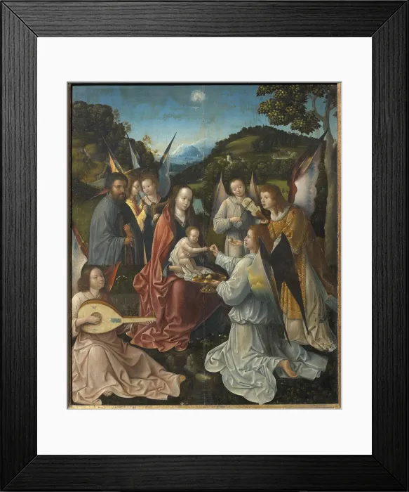 Framed Print : Holy Family with Angels and Saints Catherine and Barbara (Triptych, central panel) Framed Print : Holy Family with Angels and Saints Catherine and Barbara (Triptych, central panel)