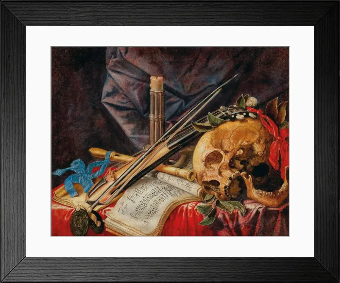 Framed Print : Vanitas still life with viola, clarinet, skull, scores and candle Framed Print : Vanitas still life with viola, clarinet, skull, scores and candle