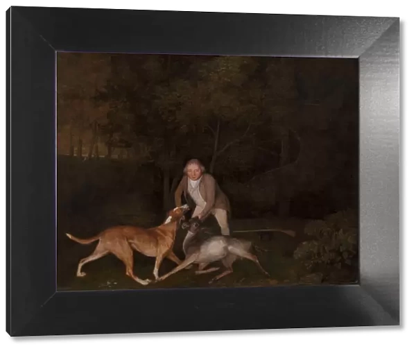 Freeman, the Earl of Clarendons gamekeeper, with a dying doe and hound, 1800
