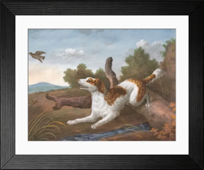 Framed Print : Springer: A Spaniel Bounding Over a Log to Spring a Snipe on the Left, ca. 1805 Framed Print : Springer: A Spaniel Bounding Over a Log to Spring a Snipe on the Left, ca. 1805