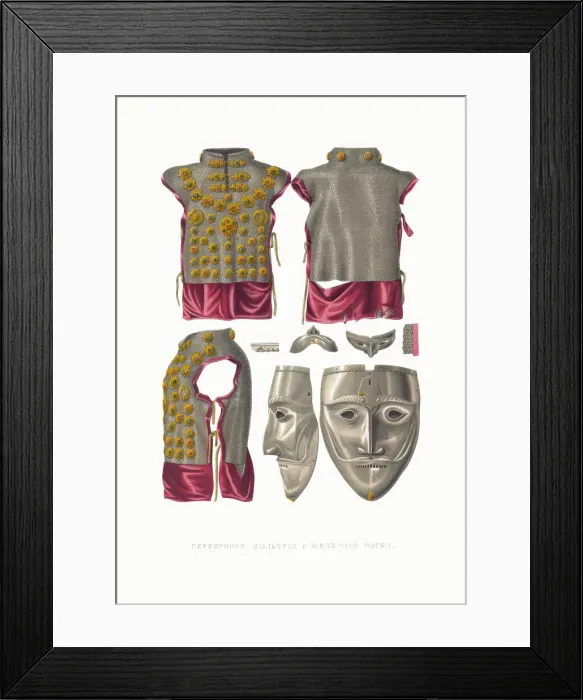 Framed Print : Silver chain mail and helmet face mask. From the Antiquities of the Russian State Framed Print : Silver chain mail and helmet face mask. From the Antiquities of the Russian State