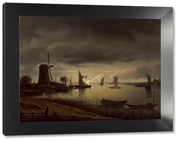 River Scene with Windmill and Boats, Evening, c. 1645. Creator: Anthonie van Borssom