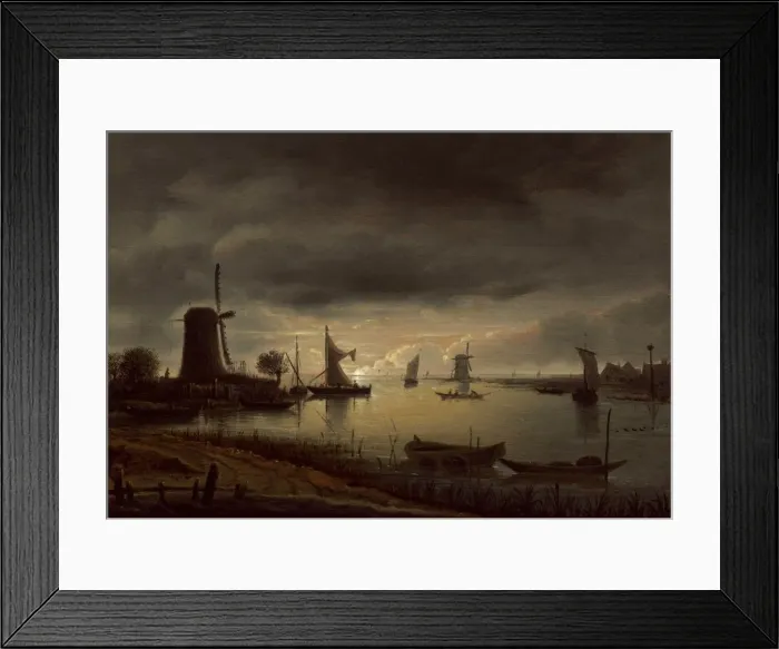 Framed Print : River Scene with Windmill and Boats, Evening, c. 1645. Creator: Anthonie van Borssom Framed Print : River Scene with Windmill and Boats, Evening, c. 1645. Creator: Anthonie van Borssom