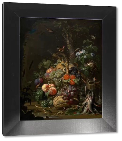 Still Life with Fruit, Fish, and a Nest, c. 1675. Creator: Abraham Mignon