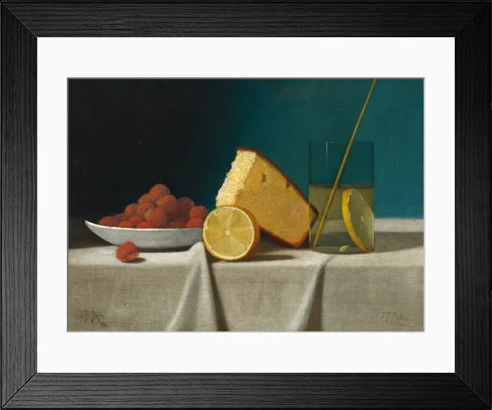 Framed Print : Still Life with Cake, Lemon, Strawberries, and Glass, 1890. Creator: John Frederick Peto