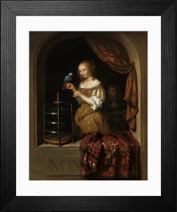 Framed Print : A Woman Feeding a Parrot, with a Page, 1666. Creator: Gaspar Netscher Framed Print : A Woman Feeding a Parrot, with a Page, 1666. Creator: Gaspar Netscher