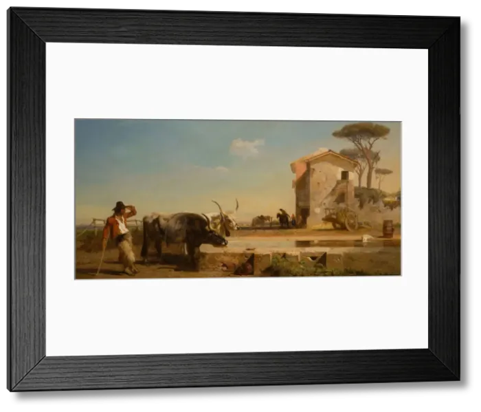 Framed Print : Cattle At A Drinking Place In The Campagna, Rome, 1854. Creator: George Heming Mason Framed Print : Cattle At A Drinking Place In The Campagna, Rome, 1854. Creator: George Heming Mason