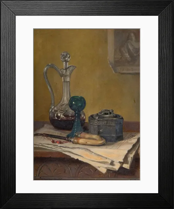 Framed Print : Still Life Of Newspaper, Pipe, Decanter And Jar, 1887. Creator: Claude Pratt Framed Print : Still Life Of Newspaper, Pipe, Decanter And Jar, 1887. Creator: Claude Pratt