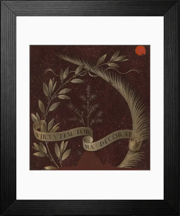 Framed Print : Wreath of Laurel, Palm, and Juniper with a Scroll inscribed Virtutem Forma Decorat Framed Print : Wreath of Laurel, Palm, and Juniper with a Scroll inscribed Virtutem Forma Decorat