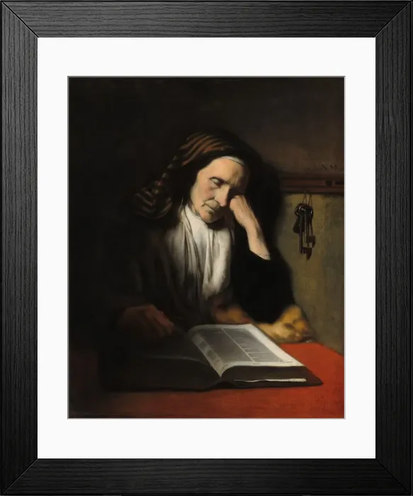 Framed Print : An Old Woman Dozing over a Book, c. 1655. Creator: Nicolaes Maes