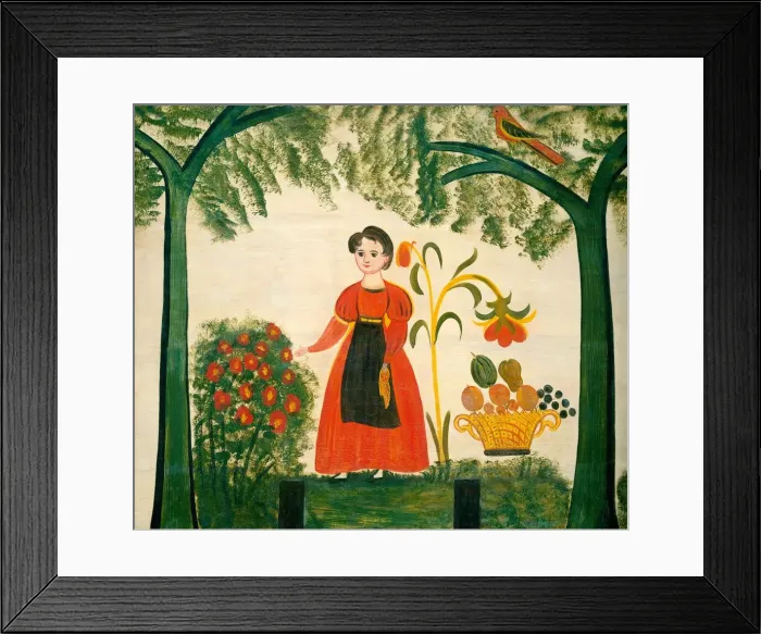 Framed Print : Girl in Red with Flowers and a Distelfink, c. 1830. Creator: Unknown Framed Print : Girl in Red with Flowers and a Distelfink, c. 1830. Creator: Unknown