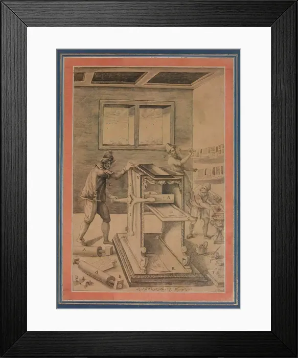 Framed Print : Copper Plate Printers at Work, Folio from the Davis Album, Iran, dated A. H. 1199 / A. D Framed Print : Copper Plate Printers at Work, Folio from the Davis Album, Iran, dated A. H. 1199 / A. D