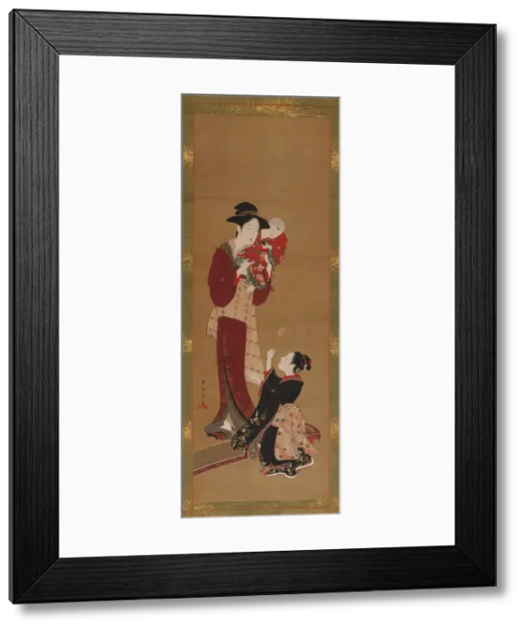 Framed Print : Woman, a baby and a young girl, 1726-1868. Creator: Shunsho Framed Print : Woman, a baby and a young girl, 1726-1868. Creator: Shunsho