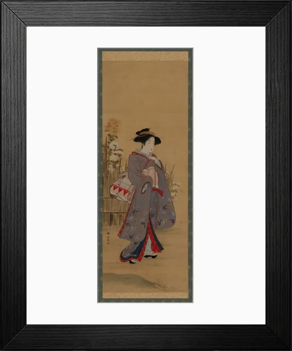 Framed Print : Woman near a fenced-off flowering garden, late 18th century. Creator: Shunsho Framed Print : Woman near a fenced-off flowering garden, late 18th century. Creator: Shunsho