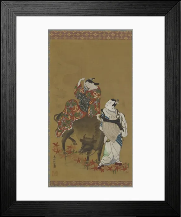 Framed Print : Two kabuki actors in the roles of a courtesan on a water buffalo and a traveling priest Framed Print : Two kabuki actors in the roles of a courtesan on a water buffalo and a traveling priest