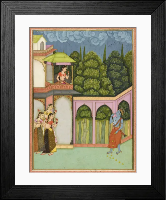 Framed Print : Krishna approaches Radha, folio from a Rasikpriya, dated 1690. Creator: Nuruddin Framed Print : Krishna approaches Radha, folio from a Rasikpriya, dated 1690. Creator: Nuruddin