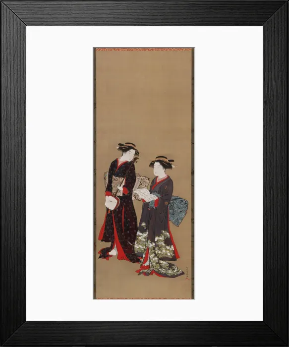 Framed Print : Two girls standing, one holding an open book, 1615-1868. Creator: Kitao Shigemasa Framed Print : Two girls standing, one holding an open book, 1615-1868. Creator: Kitao Shigemasa