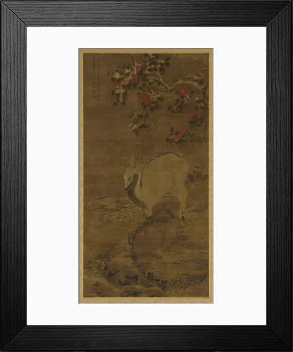 Framed Print : A stag, a doe, and red camellias in snow, 1367. Creator: Zhou Yuan Framed Print : A stag, a doe, and red camellias in snow, 1367. Creator: Zhou Yuan