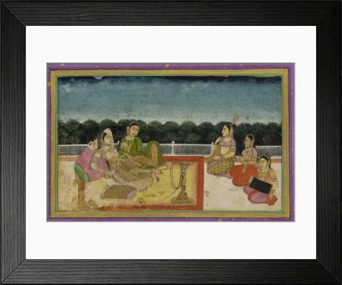 Framed Print : A Lady and attendant on a terrace at evening, with three women musicians, 18th century Framed Print : A Lady and attendant on a terrace at evening, with three women musicians, 18th century